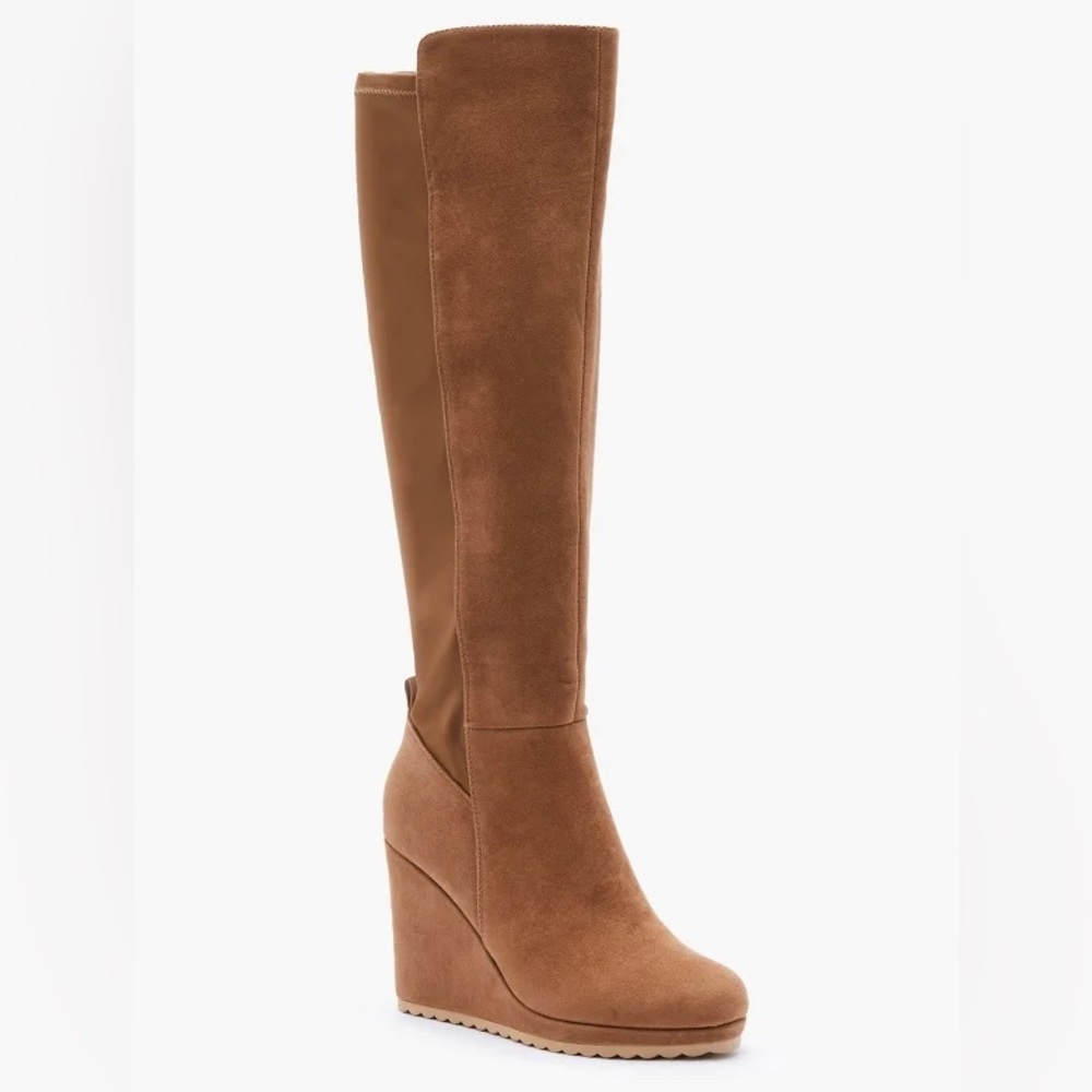 NEW IN BOX JustFab Claire Faux Suede, Tall, Wedge Boots in Dark Taupe - size 7